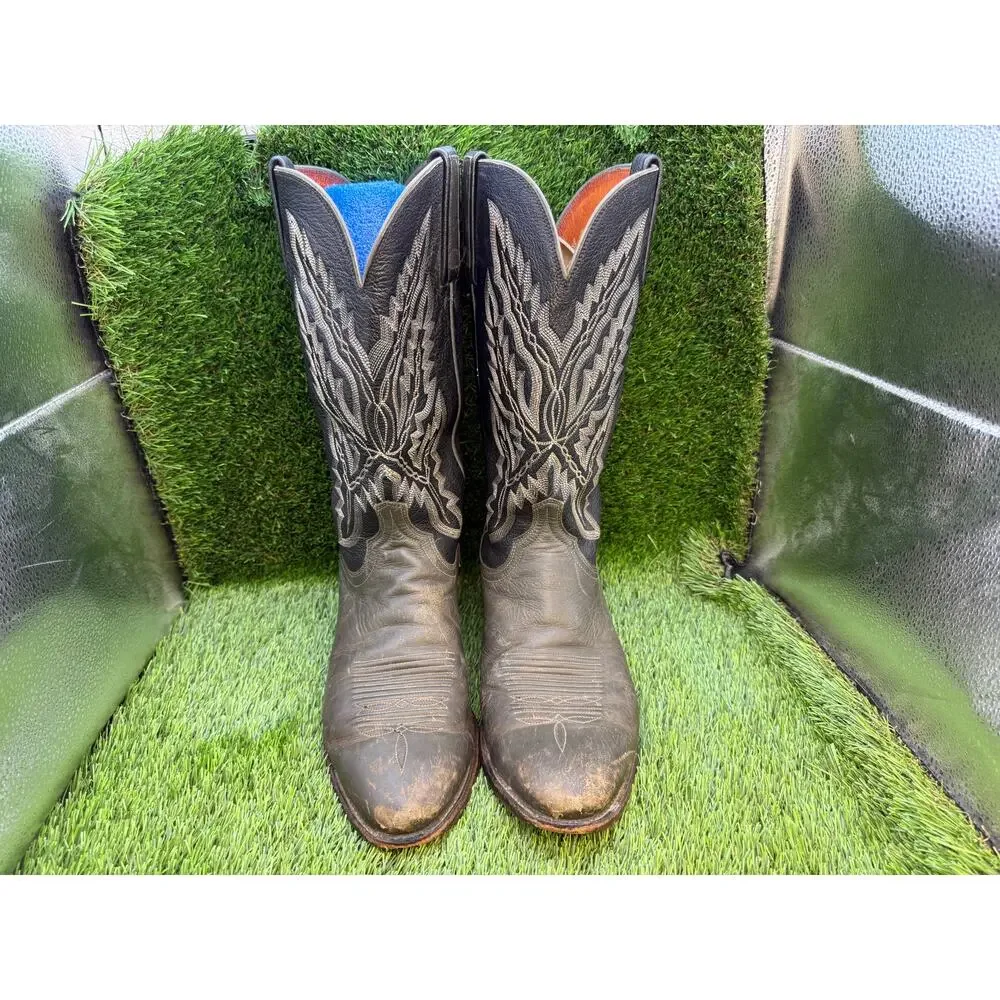 Lucchese Western Boot Men's 9.5 Black Leather Pull On Equestrian Cowboy Ranch